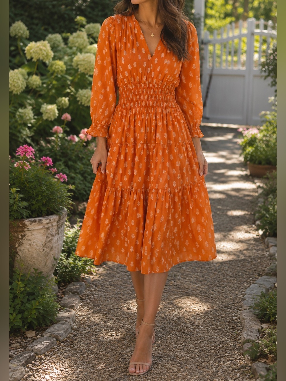 Madison Mathews Cotton Orange and White Patterned Smocked Midi Dress - Size XL